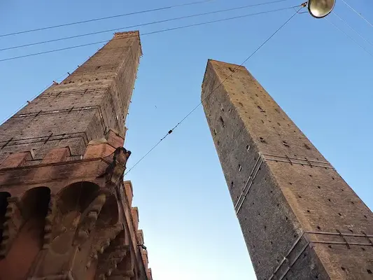 The two towers in Bologna image of the Asinelli and Garisenda towers taken from below